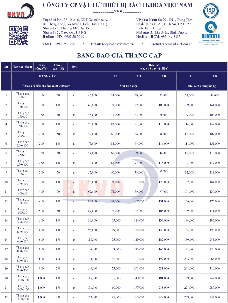 Báo giá thang cáp Bách Khoa Việt Nam 