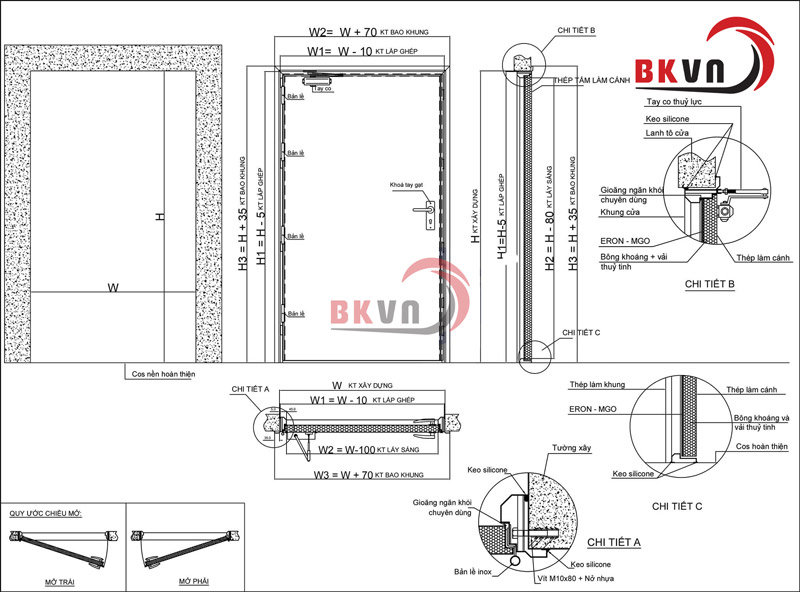 Bản vẽ cấu tạo cửa thép chống cháy Bách Khoa chi tiết