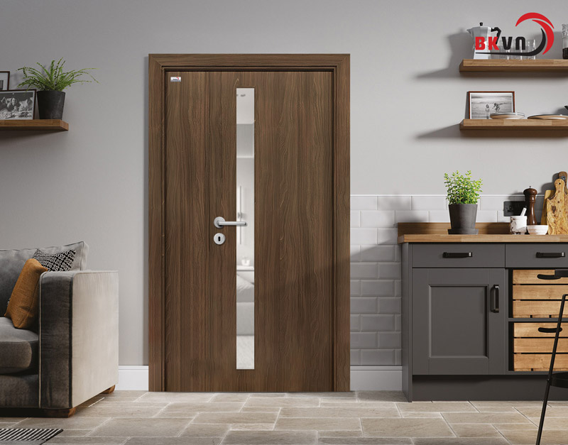 Cửa chống cháy 2 cánh lệch sơn vân gỗ lắp ô kính BKDR70D2.1-D152-035