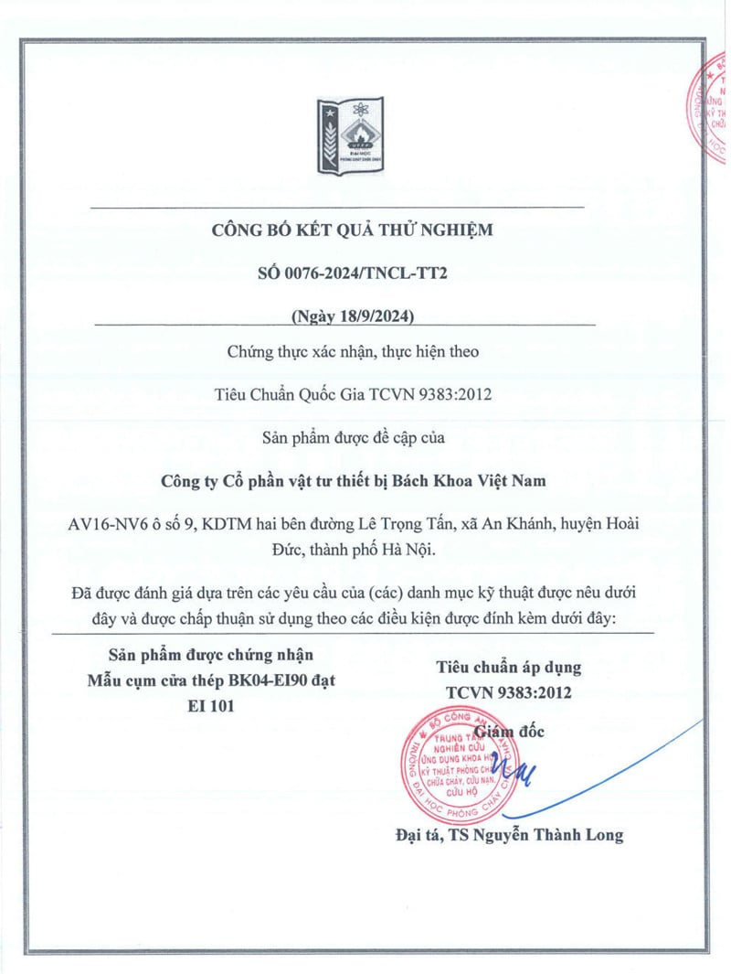 Kết quả đốt mẫu cửa chống cháy EI90 BK DOOR đạt EI 101