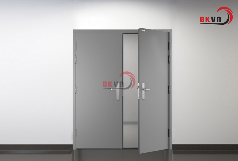 Mẫu cửa thép chống cháy 2 cánh đều khóa tay gạt BKDF45D-023