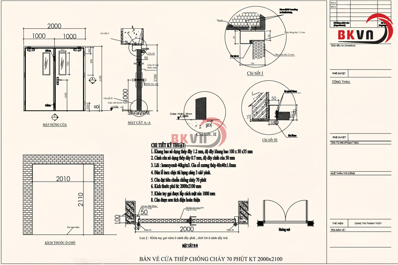 Bản vẽ kích thước cửa chống cháy 2 cánh EI70