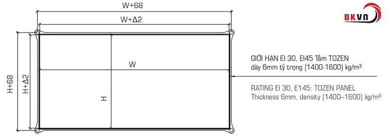 Kích thước ống gió chống cháy bọc tấm Tozen EI30 và EI45