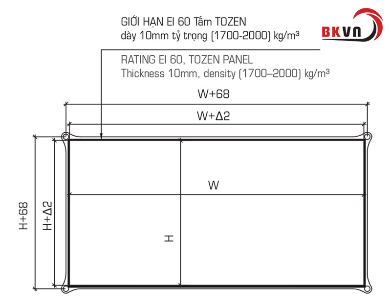 Kích thước ống gió chống cháy bọc tấm Tozen EI60