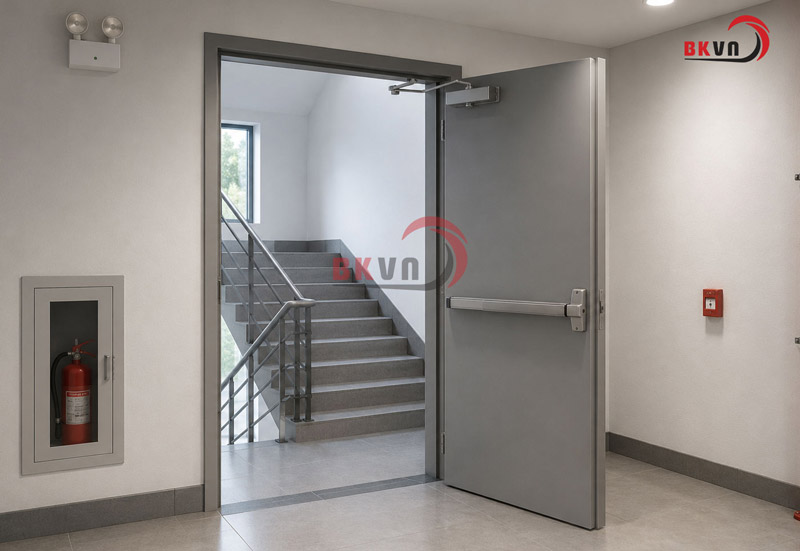 Cửa thoát hiểm 1 cánh thường được dùng tại lối thoát nạn của cầu thang bộ
